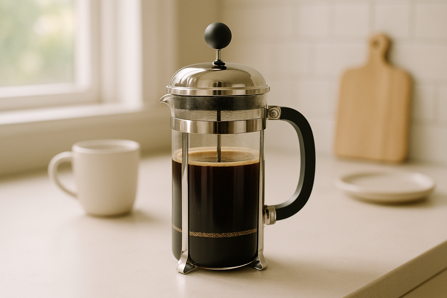 French press in simple kitchen setting